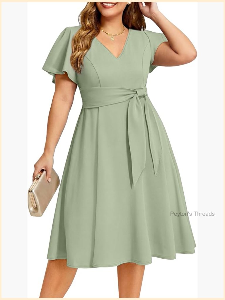 Plus Size V-Neck Flutter Sleeve A-Line Midi Dress - Semi Formal Wedding Guest